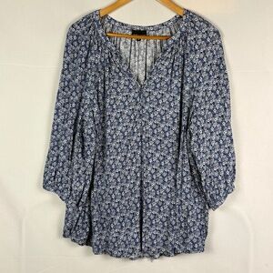 Jones New York Women ¾ Sleeve Split Neck Blouse Top Sz 2X Coastal Beachy Comfort